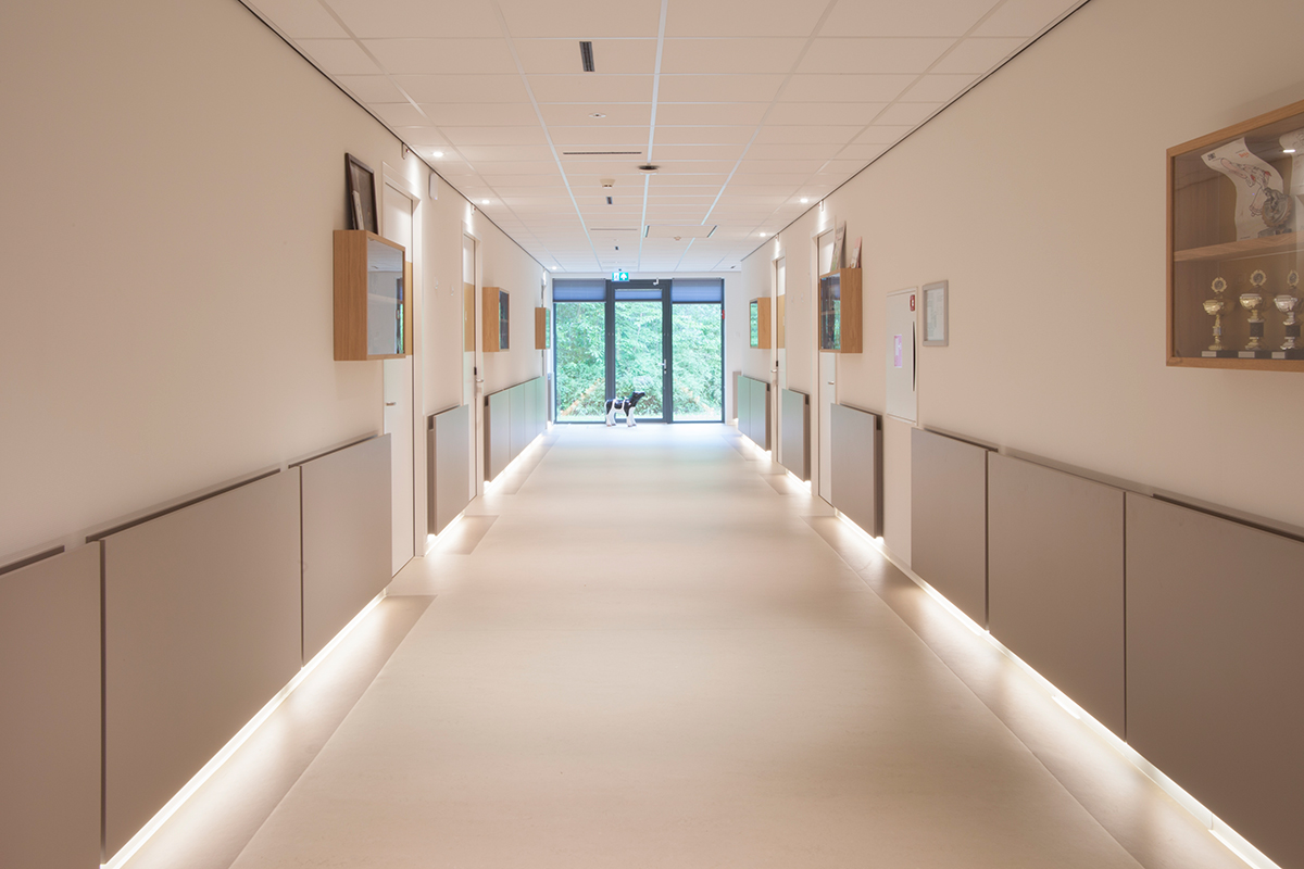 Interieur ontwerp zorgcomplex de Werf te Joure door Studio Doccia. PG zorg instelling Hof en Hiem, gangen met lambrisering en indirecte led verlichting.